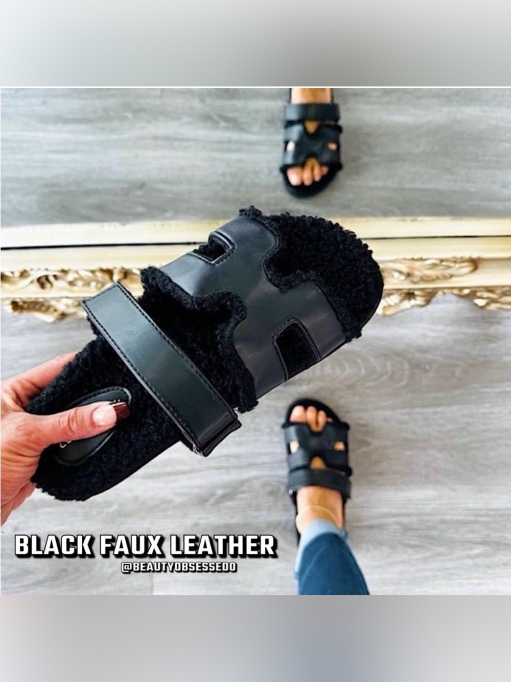 🎉SALE🎉🆕🖤LEMONADE: BLACK FAUX LEATHER Teddy Slides SIZE 9